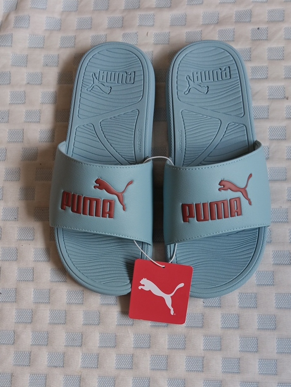Puma Light Blue Men's Slide Sandals with Red Logo